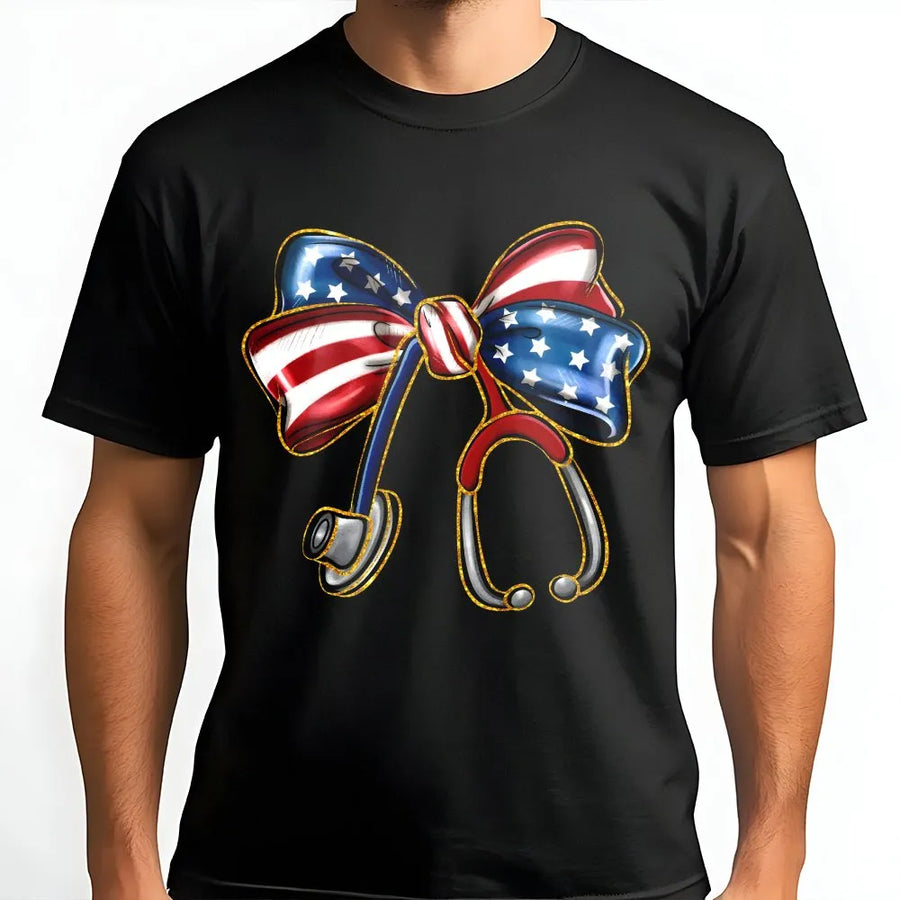 Patriotic Nurse T-Shirt | Coquette Stethoscope American Flag Bow | Premium Cotton Blend | 4th of July Gift for RN