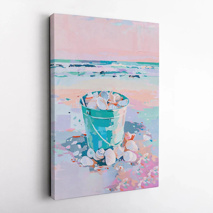 Coastal Beach Art Canvas | Pastel Seashells Bucket Print | Gallery Wrapped 1.25" Profile | Modern Seaside Home Decor Gift