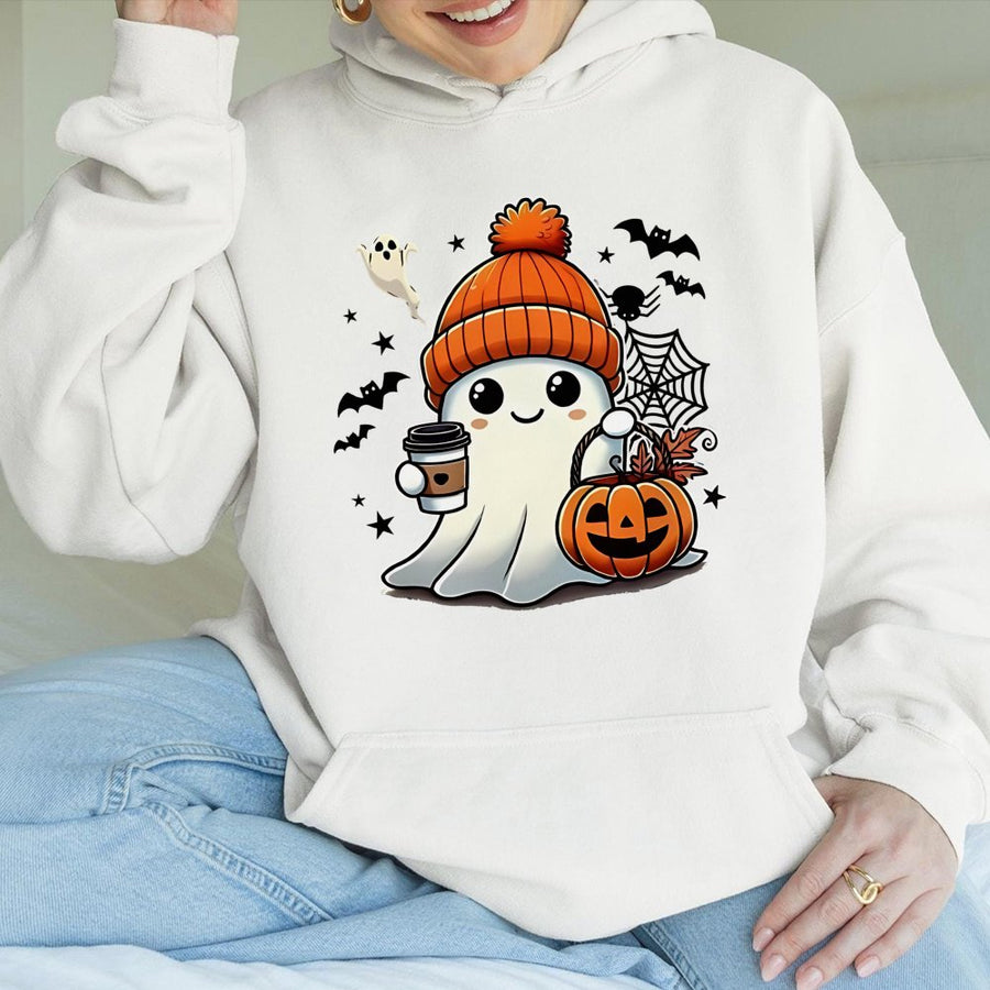 Cute Ghost Coffee Hoodie | Kawaii Spooky Season Pumpkin Design | Premium Cotton-Blend Pullover | Halloween Gift for Women and Men