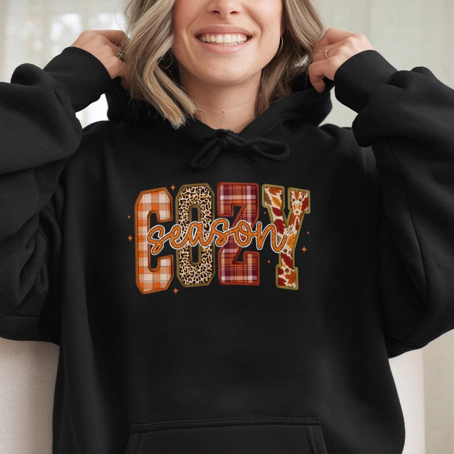 Cozy Season Hoodie | Fall Plaid Leopard Print Graphic | Premium Cotton Blend | Gift for Women Autumn Aesthetic