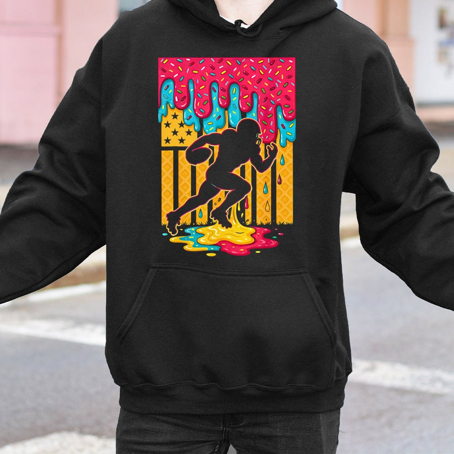 Football Player Hoodie | American Flag Ice Cream Drip Graphic | Soft Cotton-Blend Premium Quality | Sports Fan Gift for Men and Women