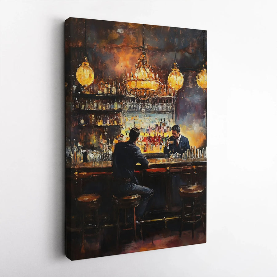 Vintage Bar Painting Canvas Art | Impressionist Nightlife Scene | Premium Gallery-Wrapped Print | Moody Home Decor for Man Cave