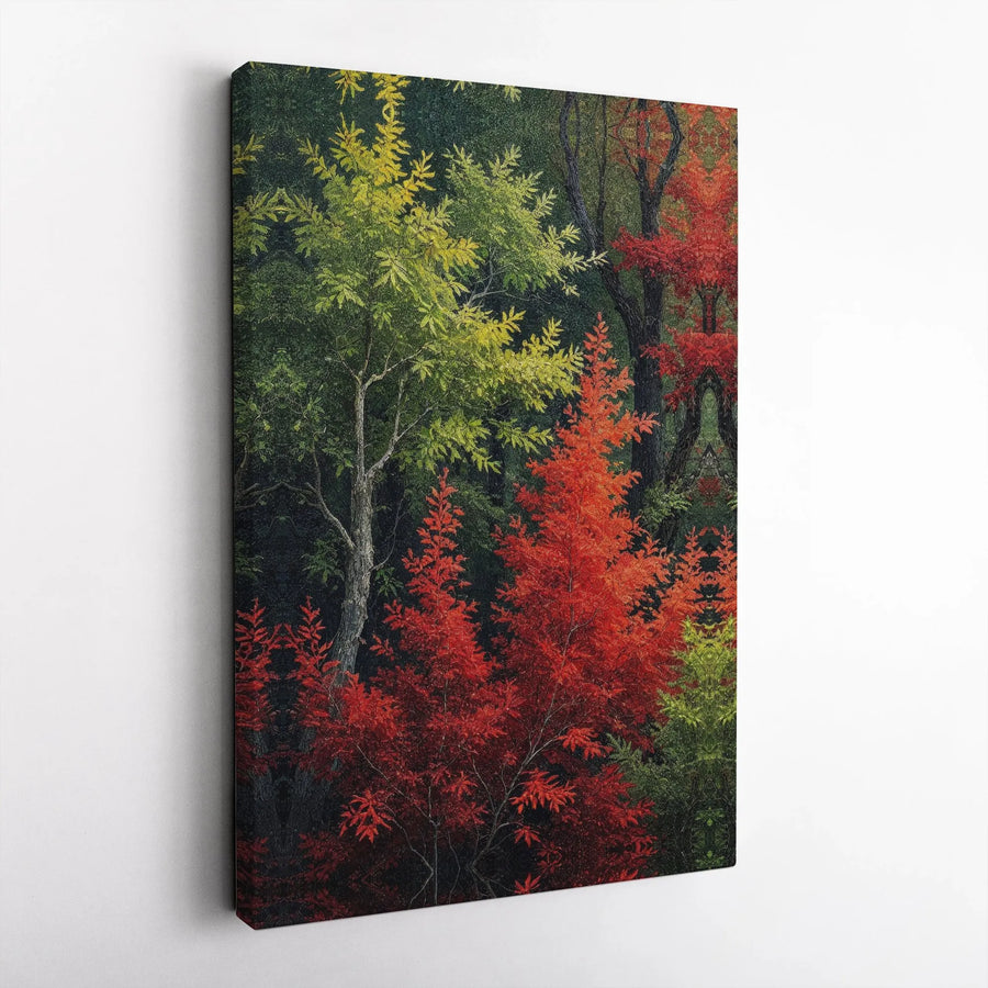 Autumn Forest Canvas Wall Art | Vibrant Red and Green Fall Trees Landscape | 1.25-Inch Premium Gallery Wrap | Nature-Inspired Home Decor Gift