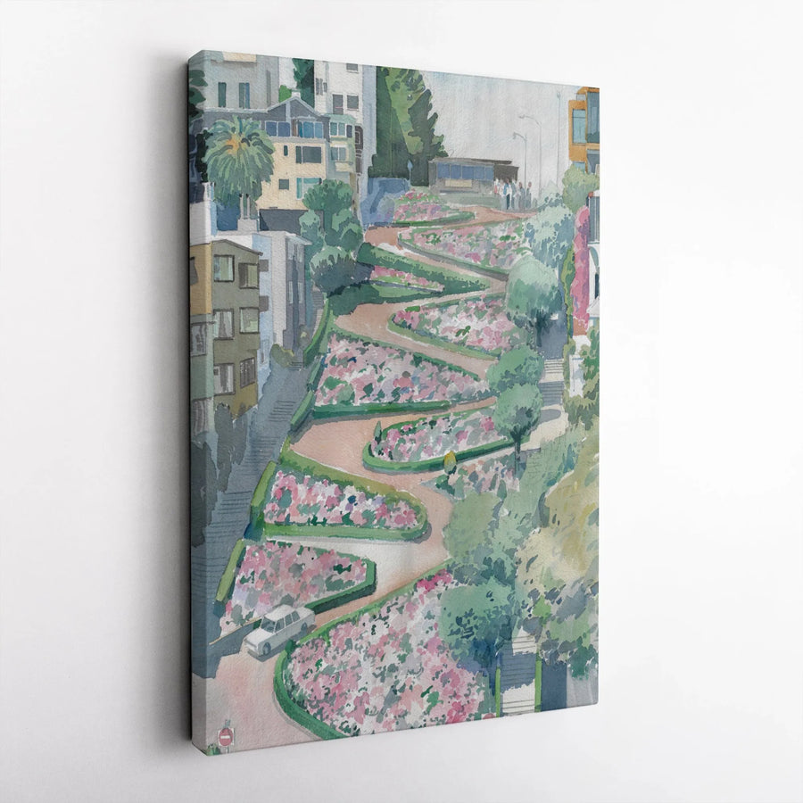 Lombard Street Canvas Print | San Francisco Watercolor Painting Art | Premium Thick Gallery Wrap | California Home Decor & Traveler Gift