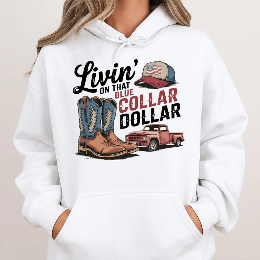 Blue Collar Dollar Hoodie | Western Cowboy Boots & Pickup Truck Graphic | Premium Cotton Blend | Patriotic American Gift for Hardworking Men