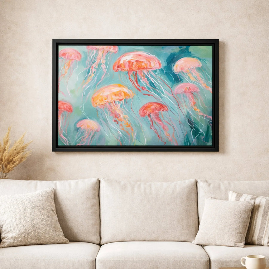 Jellyfish Wall Art Canvas | Abstract Pink and Orange Ocean Painting | Premium Gallery Wrap Print | Coastal Home Decor Gift for Beach Lovers