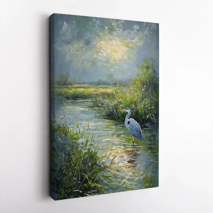 Great Blue Heron Canvas Art | Impressionist Marsh Landscape Wall Decor | Gallery Wrapped Premium Print | Nature Lover Gift Idea