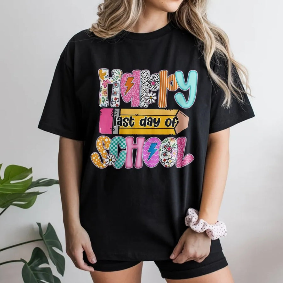 Happy Last Day of School T-Shirt | Colorful Retro Graphic Sweatshirt | Premium Cotton Blend | End of Year Gift for Teacher