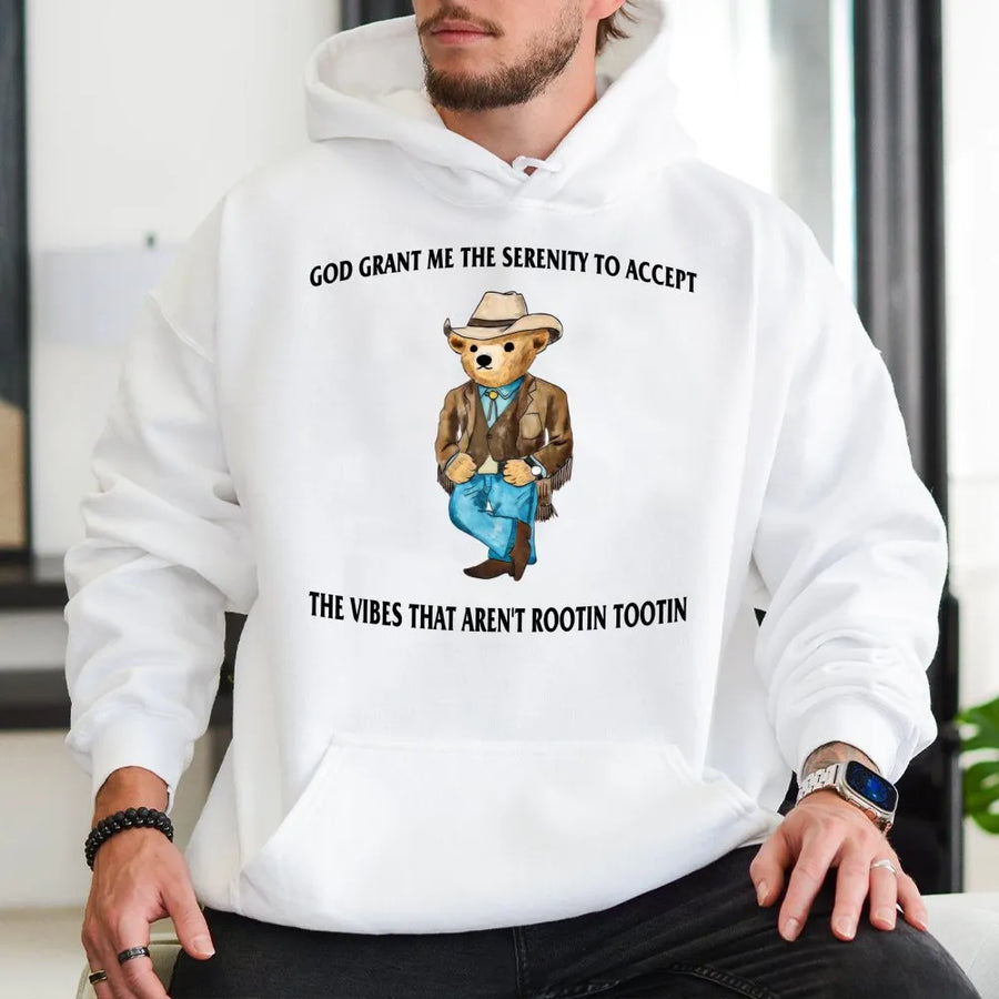 Western Cowboy Bear Hoodie | Funny Serenity Prayer Graphic | Soft Cotton Blend Unisex Pullover | Rootin Tootin Gift for Cowboy Lovers
