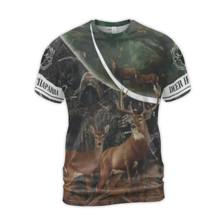 Deer Hunting T-Shirt | Realistic Forest Camo 3D Graphic | Premium Polyester Jersey Blend | Outdoor Enthusiast Gift