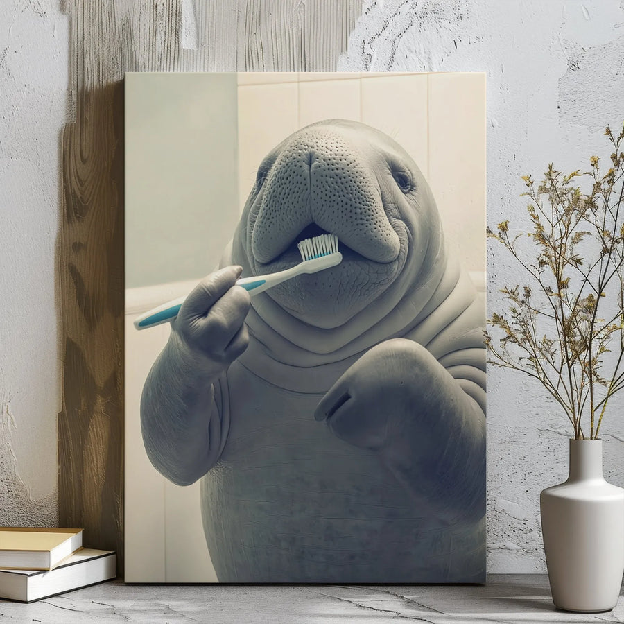 Funny Manatee Wall Art | Whimsical Bathroom Canvas Print | Premium 1.25" Gallery Wrap | Quirky Animal Decor Gift for Kids or Animal Lovers