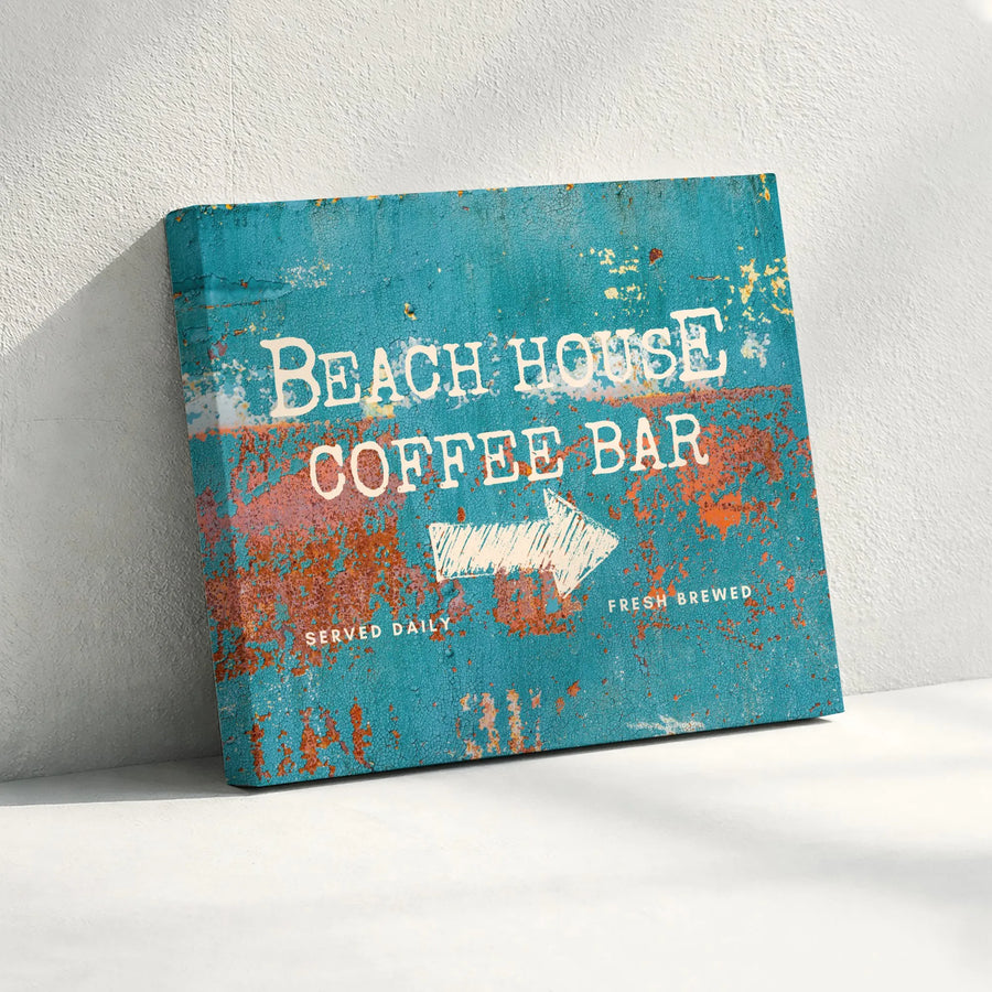 Beach House Coffee Bar Canvas | Rustic Coastal Sign Art with Distressed Look | Premium Gallery Wrapped Print | Gift for Kitchen & Dining Room Decor
