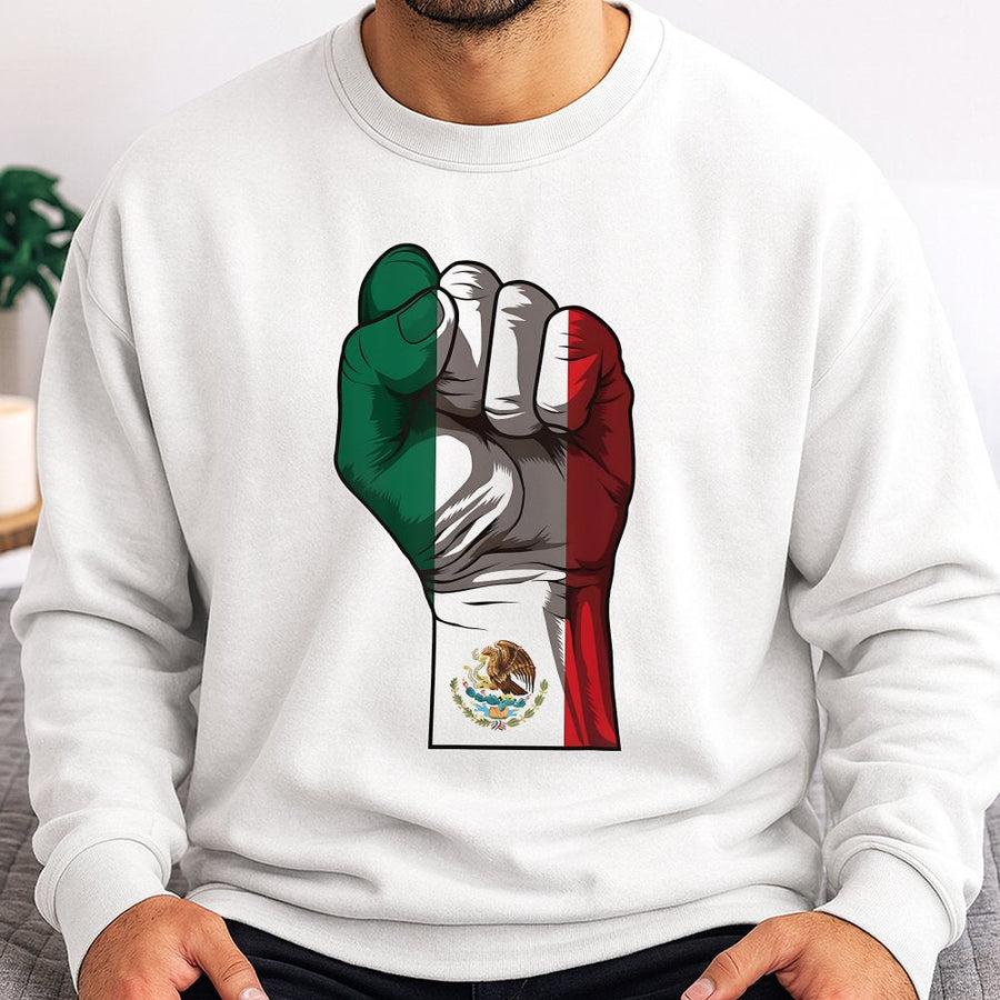 Mexico Flag Fist Sweatshirt | Mexican Pride Raised Fist Design | Cotton-Poly Blend Streetwear | Chicano Cultura Heritage Gift For Men And Women