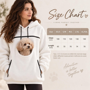 Size chart: chest and length in cm for sizes XS/S to XL/XXL
