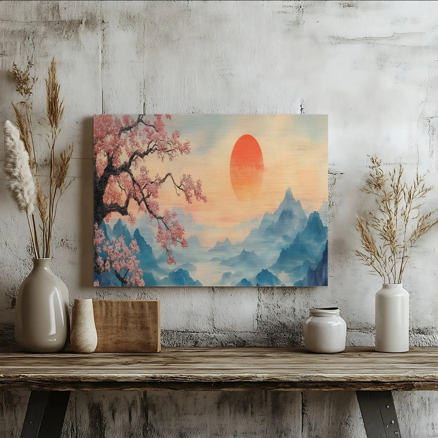 Japanese Cherry Blossom Canvas Art | Pink Sakura Mountain Landscape | Gallery Quality Fade-Resistant Print | Zen Home Decor Wall Hanging