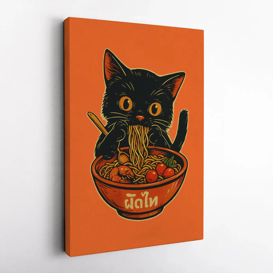 Black Cat Eating Pad Thai Noodles Canvas | Whimsical Asian Food Wall Art | Premium Gallery-Wrapped Print | Unique Kitchen Decor Gift