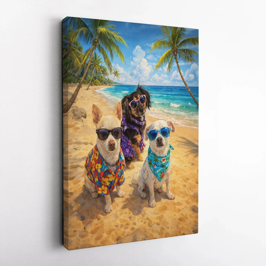 Funny Dog Beach Canvas Wall Art | Dogs in Sunglasses on Tropical Beach | Premium Fade-Resistant Print | Unique Gift for Dog Mom and Pet Lovers