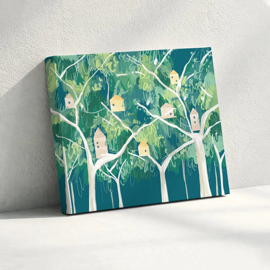 Whimsical Treehouse Canvas Wall Art | Modern Forest Print with Abstract Neighborhood | Premium Gallery Wrapped Canvas | Living Room & Nursery Decor Gift