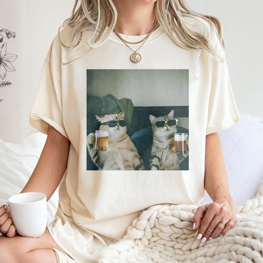 Funny Cat Beer T-Shirt | Cool Cats Wearing Sunglasses Graphic | 100% Cotton Premium Tee | Unique Animal Lover Gift for Men and Women