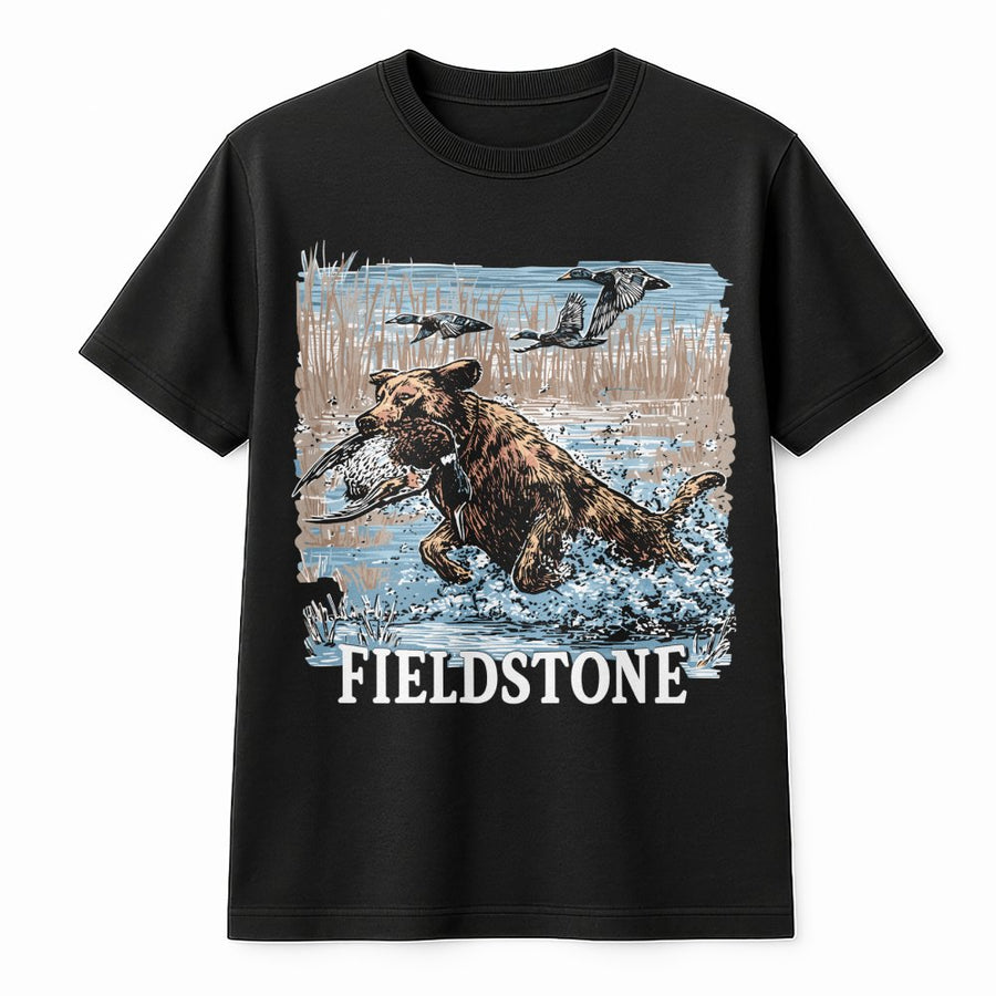 Fieldstone Hunting Dog T-Shirt | Duck Retrieval Wildlife Graphic | Premium Cotton Unisex Tee | Gift for Outdoorsmen and Waterfowl Hunters
