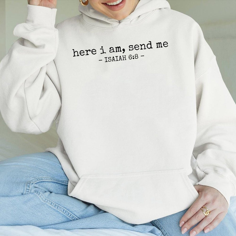Here I Am Send Me Hoodie | Isaiah 6:8 Bible Verse Design | Premium Cotton Blend Sweatshirt | Christian Gift for Men and Women