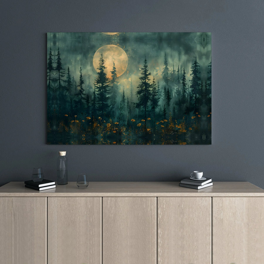 Misty Forest Landscape Canvas | Full Moon Pine Tree Wall Art | Premium Gallery Wrap Decor | Nature Lover Living Room Gift