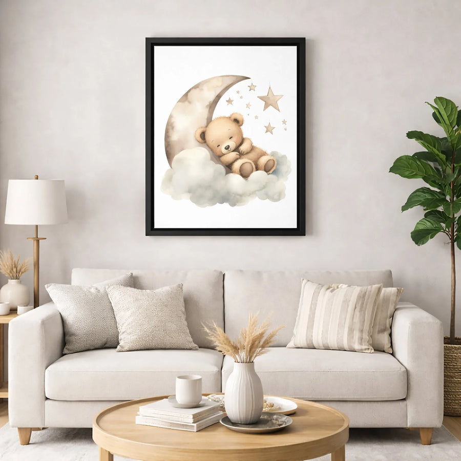 Watercolor Teddy Bear Canvas Art | Sleeping Moon and Stars Nursery Decor | Premium Fade-Resistant Wall Print | Baby Boy or Girl Room Gift