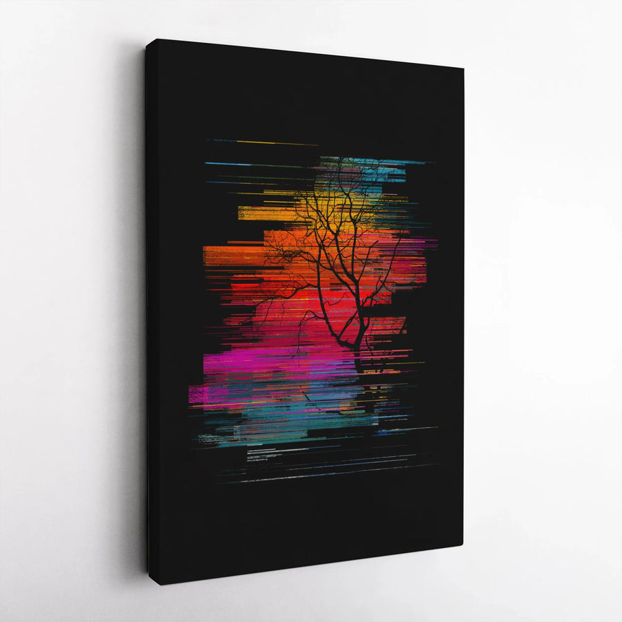 Abstract Sunset Tree Vertical Canvas | Vibrant Glitch Art with Lone Tree Silhouette | Thick 1.25" Gallery Wrapped Canvas | Premium Wall Art for Modern Home Decor