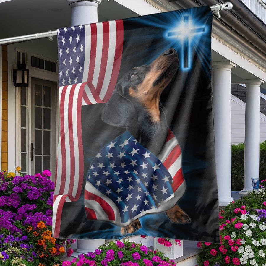 Dachshund Garden Flag | Patriotic American Flag & Christian Cross Design | Premium Fade-Resistant Polyester | Gift for Dog Lovers & Veterans