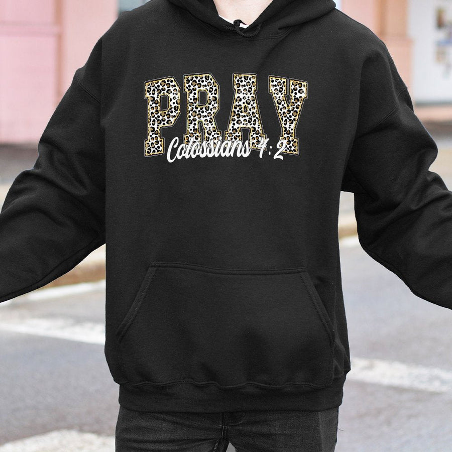 Pray Colossians 4:2 Hoodie | Leopard Print Varsity Letter Graphic | Premium Cotton-Poly Blend | Christian Faith Gift for Her