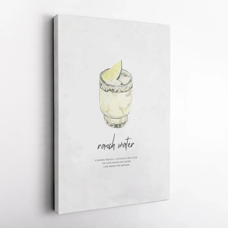 Ranch Water Cocktail Canvas Art | Watercolor Recipe Wall Decor | Premium Fade-Resistant Print | Bar Cart Kitchen Decor for Drink Lovers