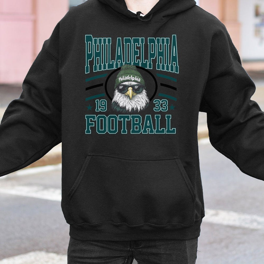 Philadelphia 1933 Football With Bald Eagle Mascot In Beanie And Sunglasses Hoodie
