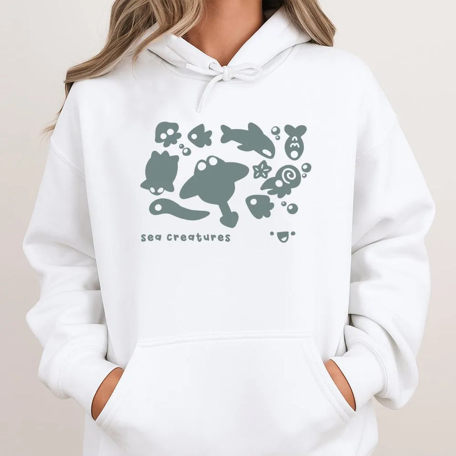 Sea Creatures Graphic Hoodie | Cute Marine Life Cartoon Illustration | Soft Cotton-Poly Blend | Premium Unisex Pullover Gift for Ocean Lovers