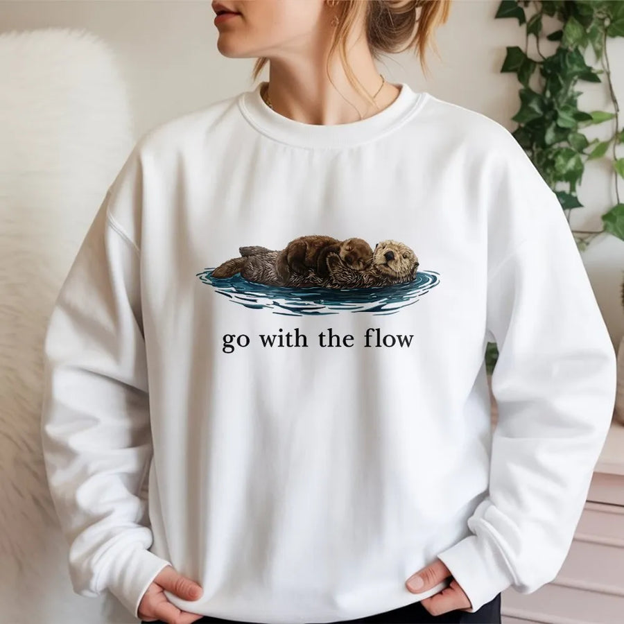 Sea Otter Sweatshirt | Go With The Flow Graphic | Premium Cotton Blend Unisex Pullover | Cute Animal Nature Lover Gift For Him Or Her