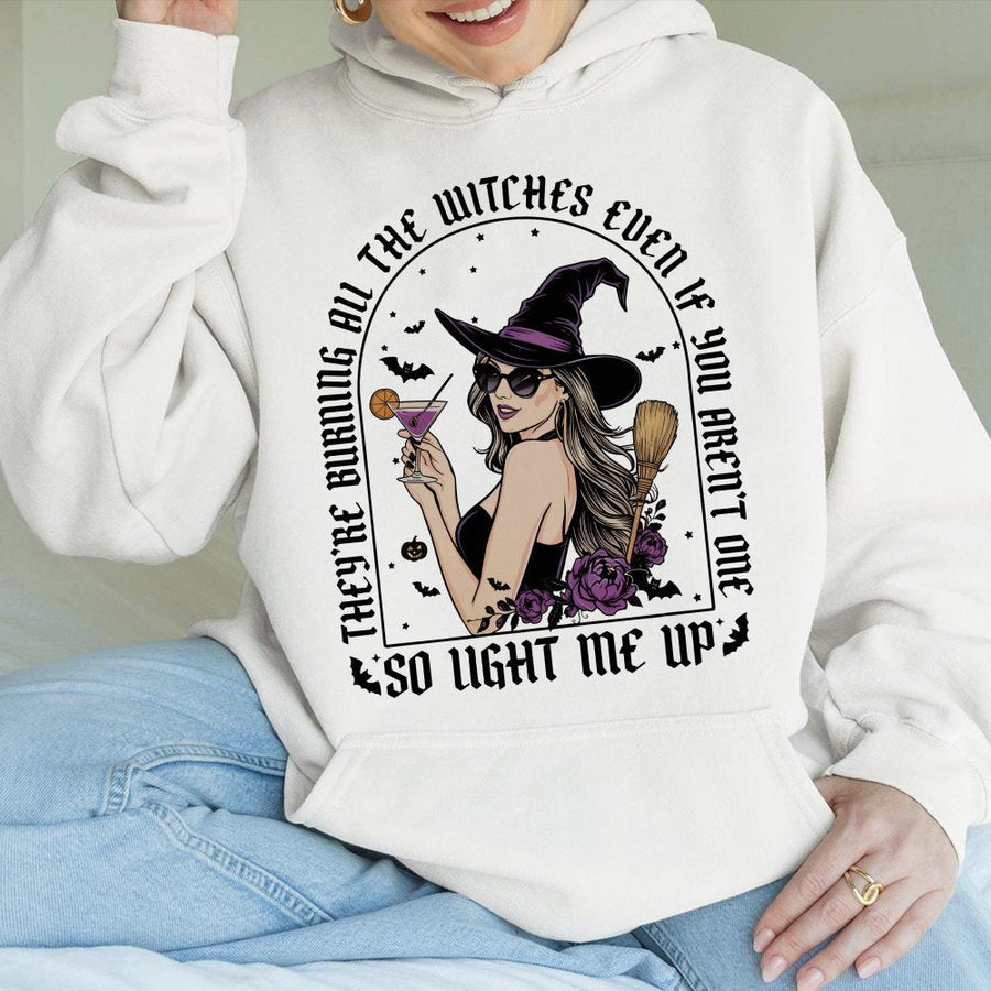 Halloween Witch Hoodie | Theyre Burning All The Witches Graphic | Premium Cotton Blend Pullover | Sarcastic Spooky Season Gift For Women