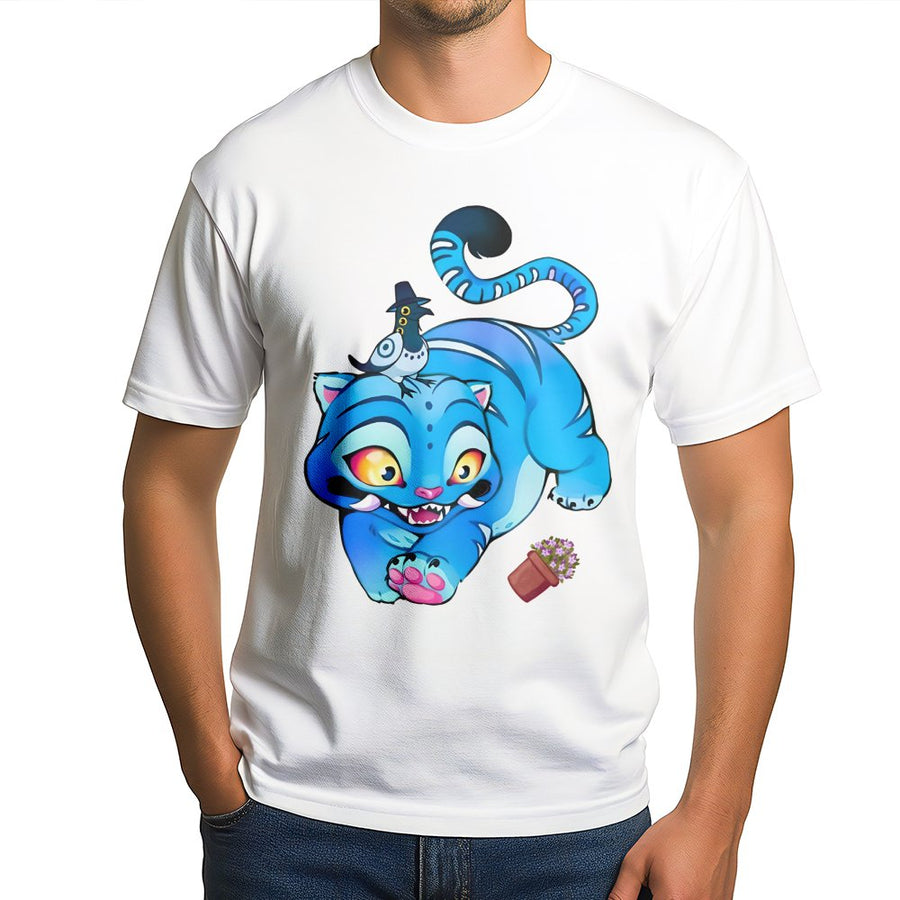 Derpy Blue Tiger T-Shirt | Cute Anime Style Cartoon Graphic | Premium Soft Cotton Tee | Unique Animal Lover Gift For Men And Women