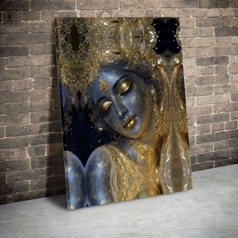 Goddess Portrait Wall Art | Abstract Blue and Gold Glitter Canvas | Gallery-Quality Fade-Resistant Print | Elegant Home Decor Gift