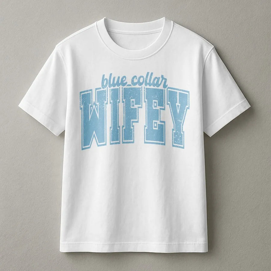 Blue Collar Wife T-Shirt | Retro Varsity Graphic Tee | Premium Soft Cotton | Gift for Supportive Spouse & Country Girl Outfit