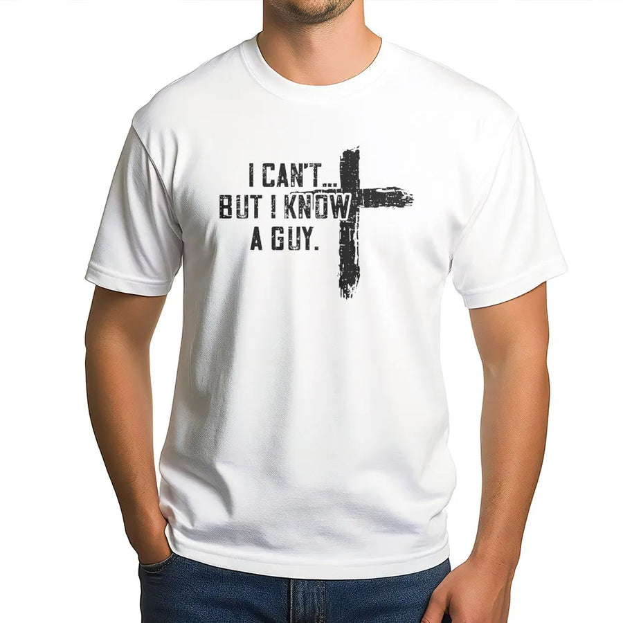 Christian T-Shirt | I Can't But I Know A Guy Graphic Sweatshirt | Distressed Cross Design | Unisex Faith Based Religious Gift