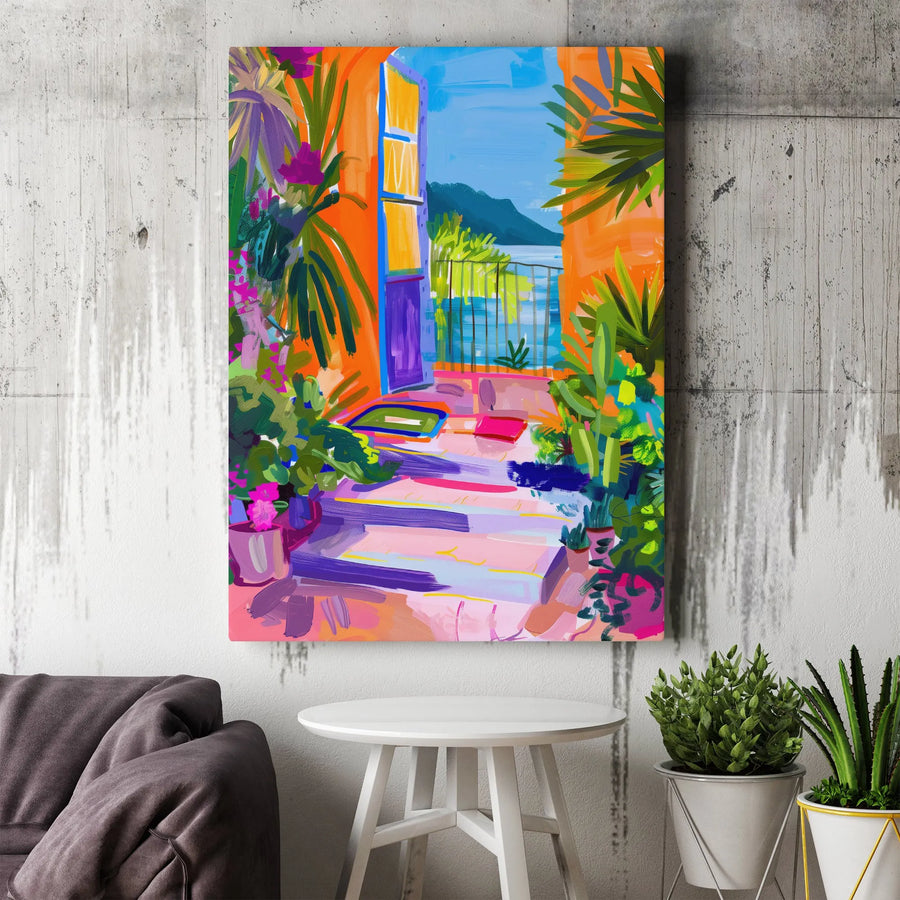 Mediterranean Balcony Canvas Print | Vibrant Fauvist Style Seascape Painting | Premium Gallery Wrap Canvas | Living Room Wall Decor Gift