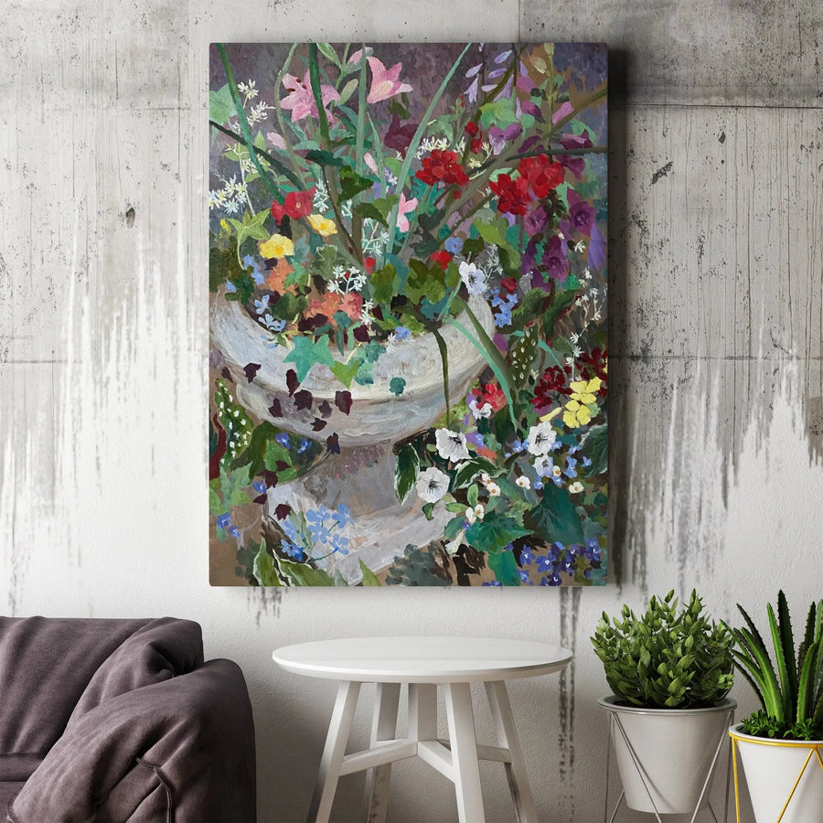 Geranium Garden Vertical Canvas | Colorful Botanical Painting Print | Premium Thick Gallery Wrap Wall Art | Living Room Home Decor Gift