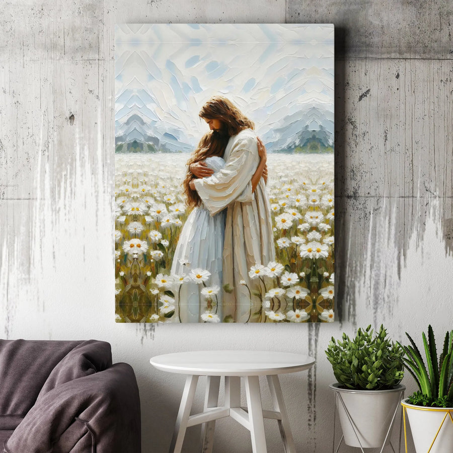 Jesus Embracing Woman Canvas Print | Christian Daisy Field Oil Painting Style | Premium 1.25" Gallery Wrapped Wall Art | Spiritual Home Decor Gift