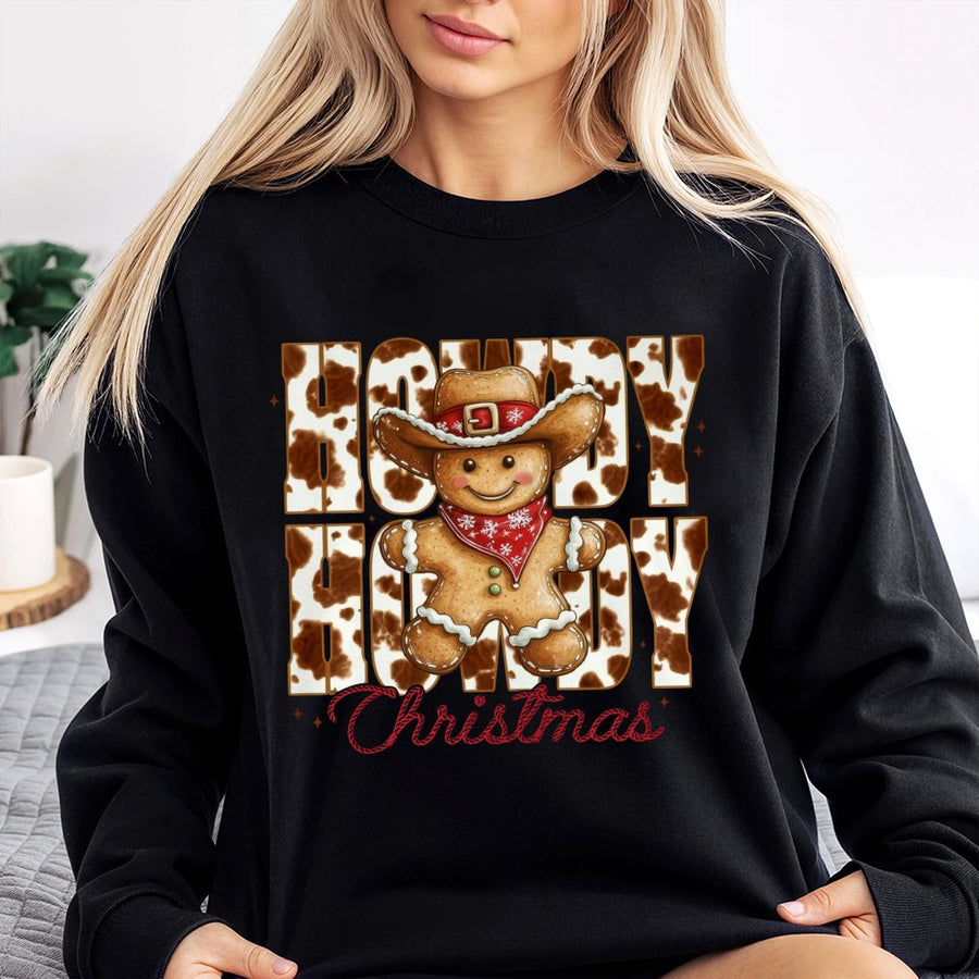 Howdy Christmas Sweatshirt | Western Gingerbread Man Cowprint | Premium Cotton Blend Unisex Crewneck | Retro Cowboy Holiday Gift for Women & Men