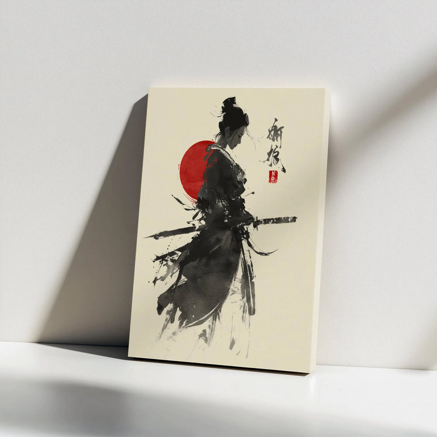 Female Samurai Canvas Print | Japanese Ink Wash Painting with Red Sun | Premium Gallery Wrapped Canvas | Collector's Gift for Dojo & Home Decor