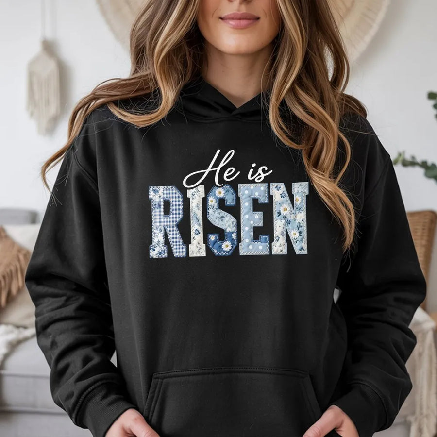 He Is Risen Hoodie | Blue Toile Patchwork Print Design | Soft Cotton Blend | Easter Gift for Christian Women