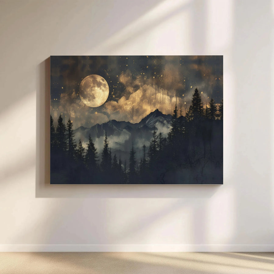 Full Moon Mountain Canvas Wall Art | Midnight Forest Landscape Decor | Gallery Quality 1.25-inch Profile | Nature Lover Home Gift