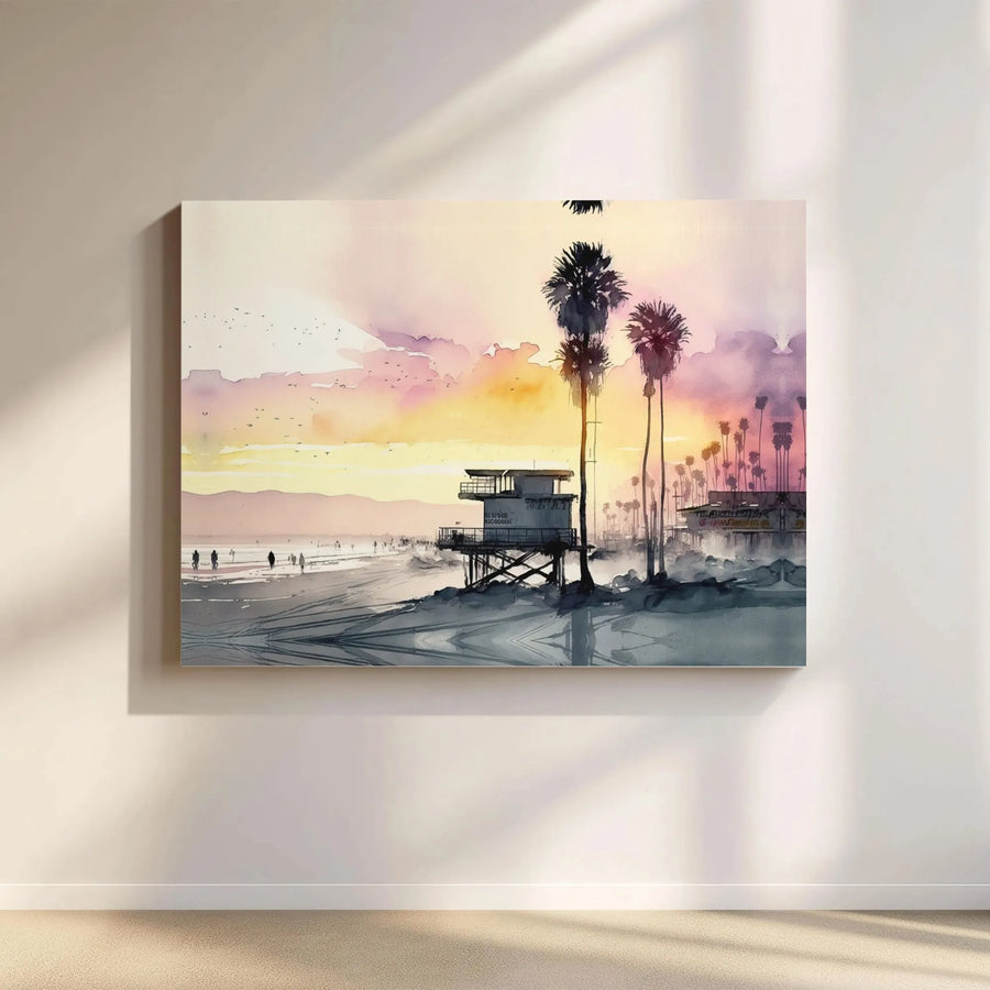 Beach Sunset Canvas Wall Art | Watercolor Palm Tree Lifeguard Tower Print | 1.25-inch Premium Gallery Wrap | Coastal Home Decor Gift for Beach Lovers