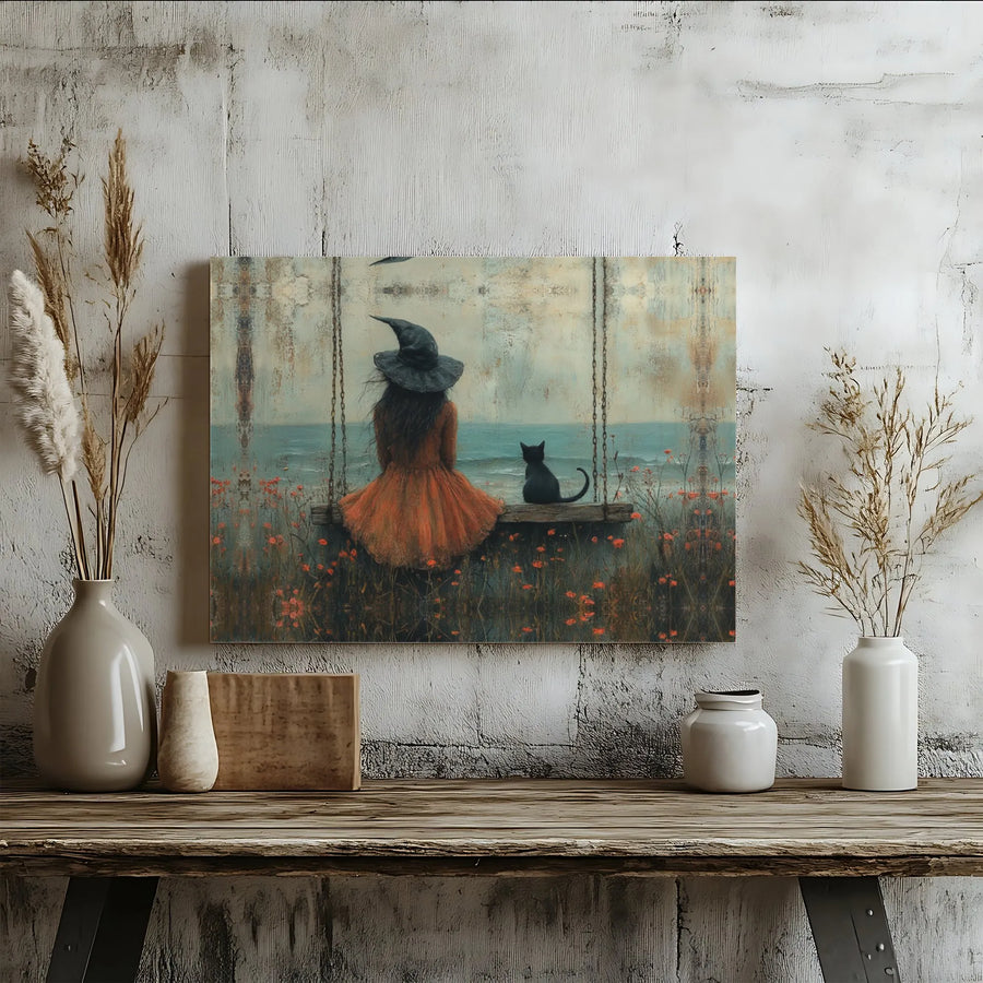 Witch and Black Cat Canvas Art | Whimsical Ocean Swing Gothic Decor | 1.25 Inch Premium Gallery Wrap | Spooky Halloween Home Wall Gift