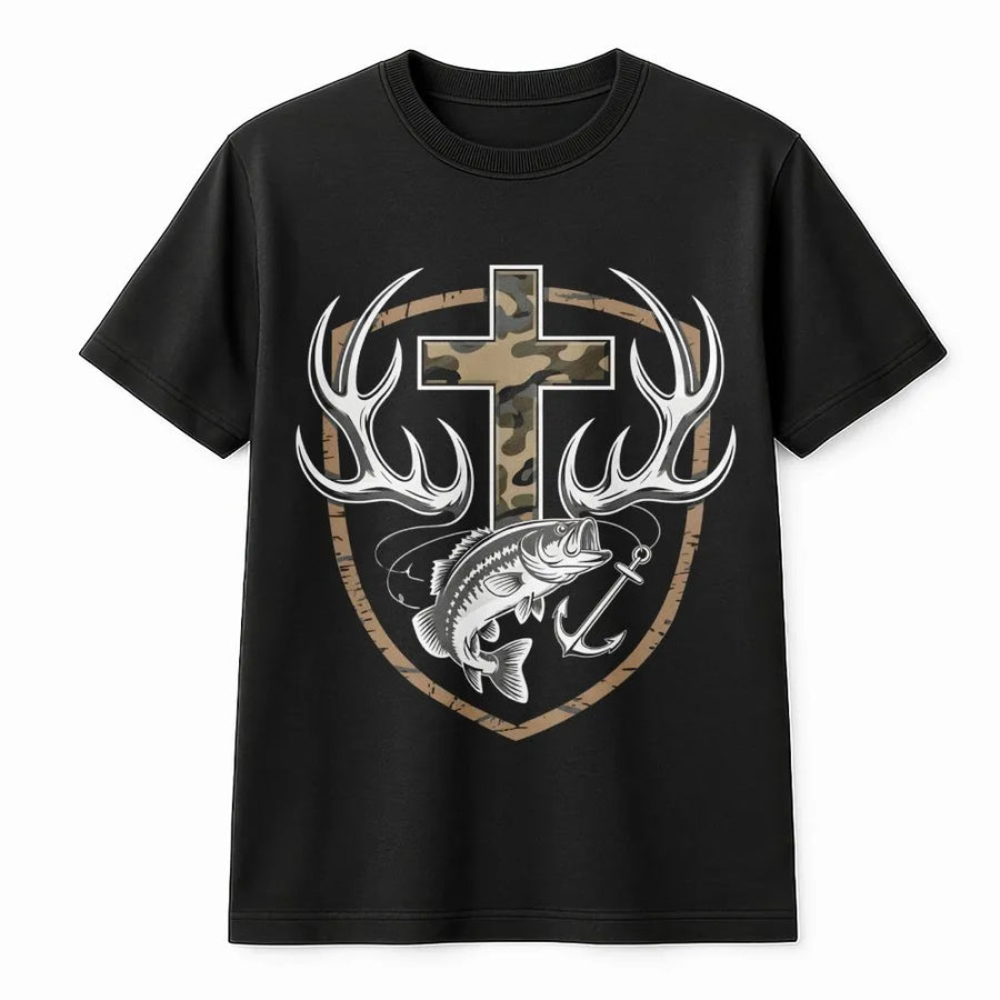 Christian Fishing T-Shirt | Camo Cross Deer Antler Graphic | Premium 100% Cotton | Faith Based Outdoorsman Gift for Hunters and Fishermen