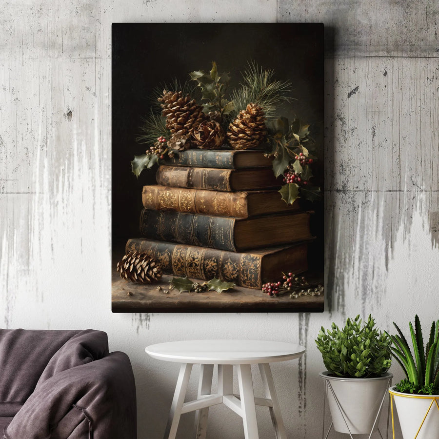 Vintage Book Stack Canvas Art | Christmas Still Life with Pine Cones & Holly | Premium Gallery Wrap Wall Decor | Festive Holiday Home Gift